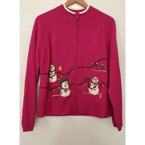 Marisa Christina Pink Full Zip Snowmen Sweater XL Holiday Christmas Lights